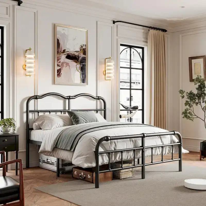 Heavy-duty Anti-Wobble 18 Inch Bed Frame With Wavy Art Headboard, Easy Assembly