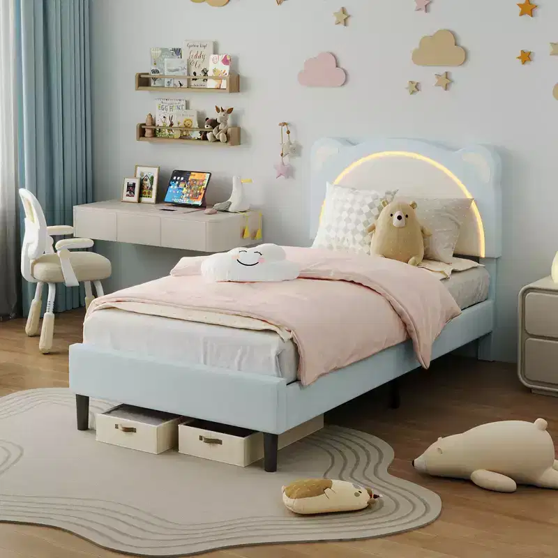 Metal & Suede Twin Platform Bed Frame with Storage Drawers