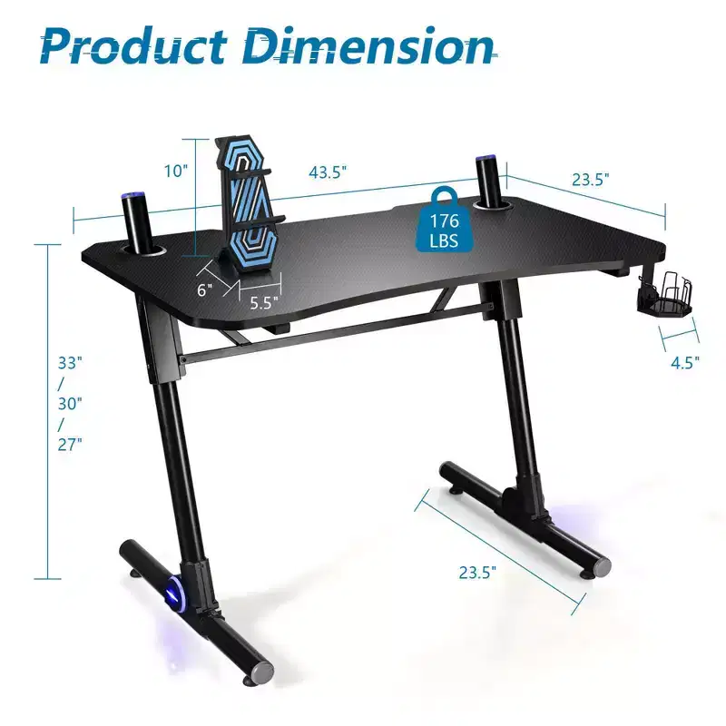 Gaming Computer Desk Height Adjustable w/ LED Light & Gaming Handle Rack