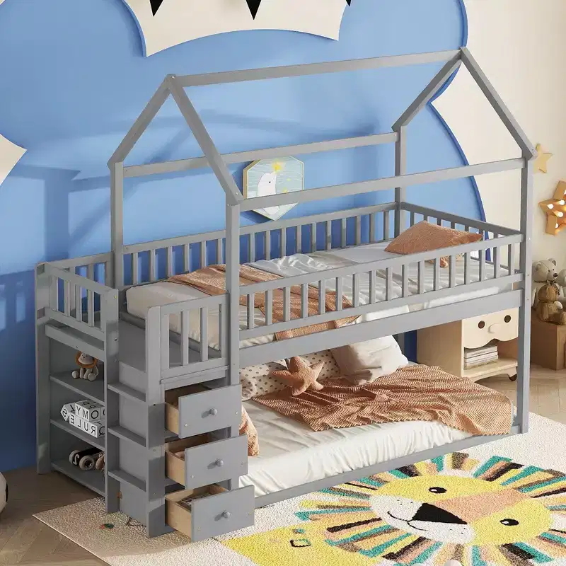 Okak Twin Over Twin Wood House Bunk Bed with Slide & Safety Guardrail Loft Bunk Bed with Ladder for Kids Teens, Easy Assemble