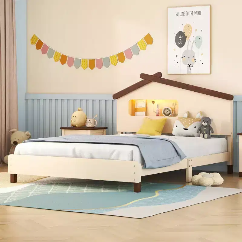 Full Size Bed Frame with House-Shaped Headboard, Wood Platform Bed Frame Full Size with LED, Wood Slat Support, No Box Spring Needed