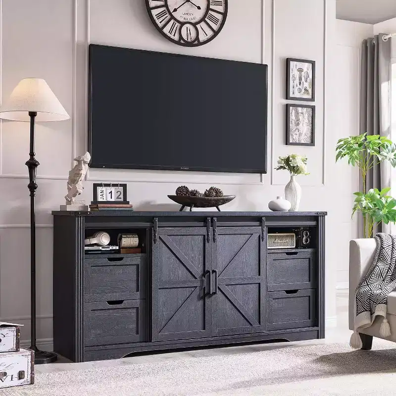 Fireplace TV Stand for 80 TV, 32 Tall Farmhouse Entertainment Center with Drawer, Media Console With Sliding Barn Door for Living Room