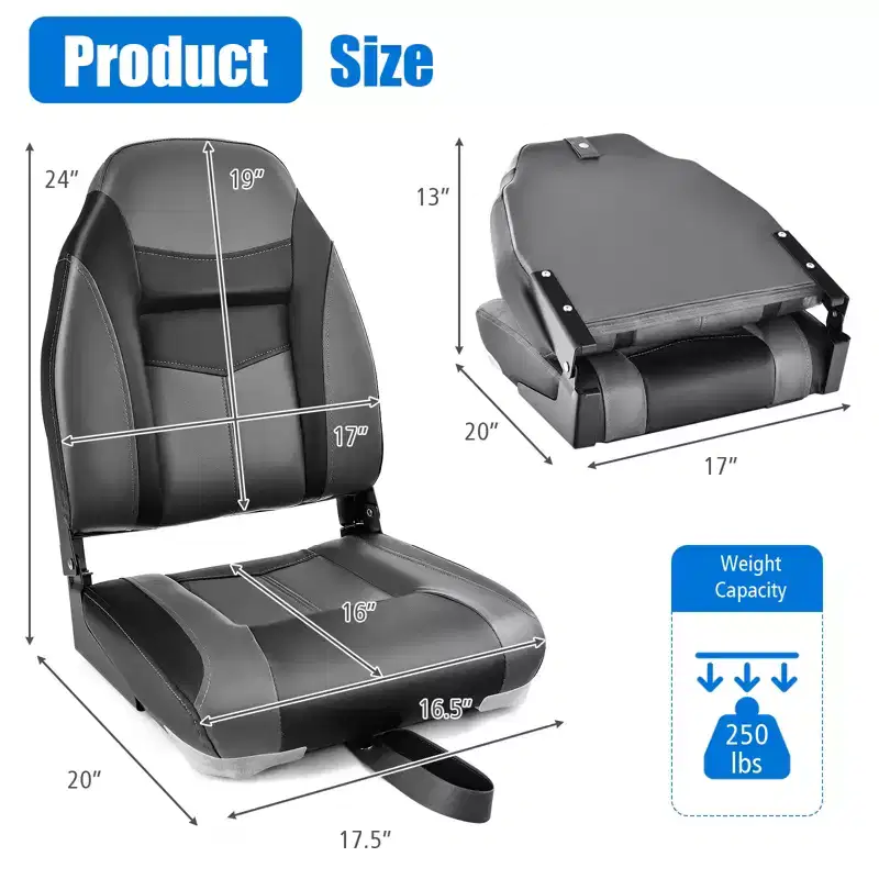 Gymax 1/2PC High Back Boat Seat Folding Fishing Seat w/ Soft Padded Cushion Fold-down Captain Boat Seat w/ Flexible Hinges Black/Blue