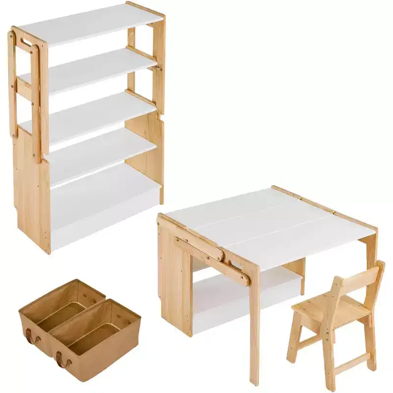 Folding Table and Chair Set,Convertible Activity Table to Storage Shelves,Craft Play Desk with 2 Storage Box,Adjustable Table for School and Home