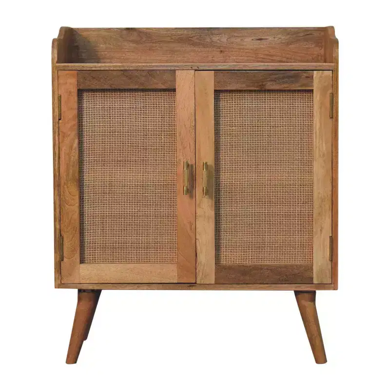 35 Brown Distressed Solid Wood Inlaid Rattan Accent Cabinet With Two Doors