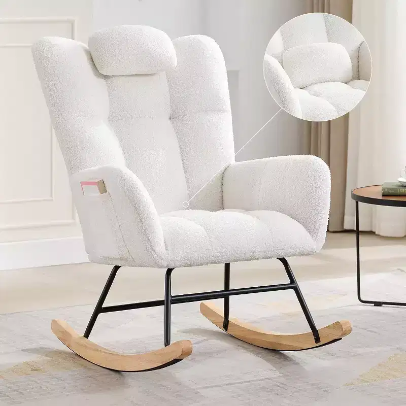 Acekool Nursery Rocking Chair, 300lb Glider with Wood Legs & Side Pockets, Teddy Upholstered Glider for Nursery