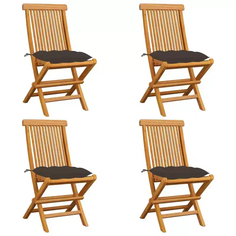 vidaXL Wooden Folding Patio Chairs, Solid Teak Hardwood, Complete Set of 4, w/ Taupe Seat Cushions, Lightweight, Portable, Easy Clean, Comfortable