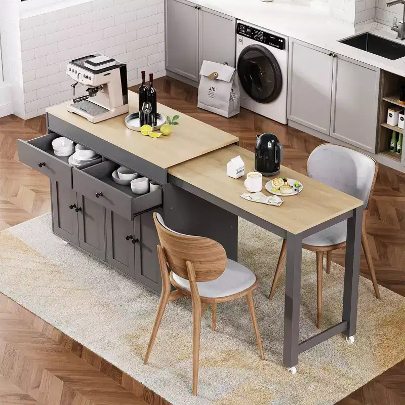 74.5 inch Off White Kitchen Island with Extendable Dining Table Rolling Kitchen Island on Wheels for Kitchen Dining Room
