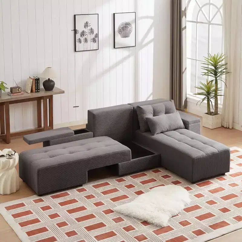3-in-1 Convertible Sleeper & Sectional Sofa with 4 Storage Compartments for Living Room - Corduroy with 4 Pillows