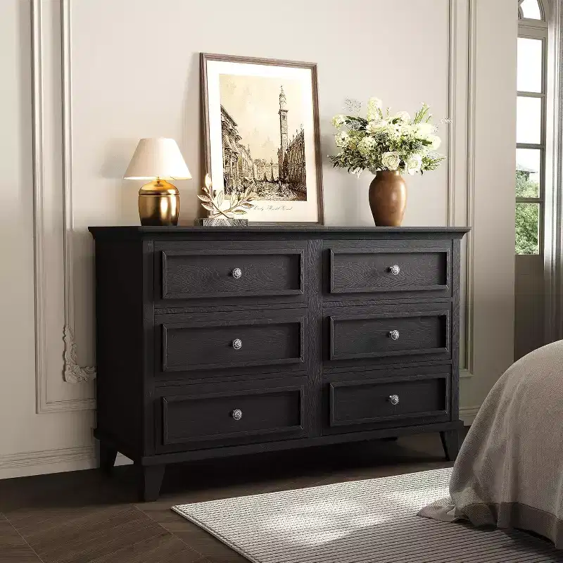 Farmhouse 6-Drawer Dresser in White, Double Wide TV Stand with Vintage Handles, Wood Chest for Bedroom