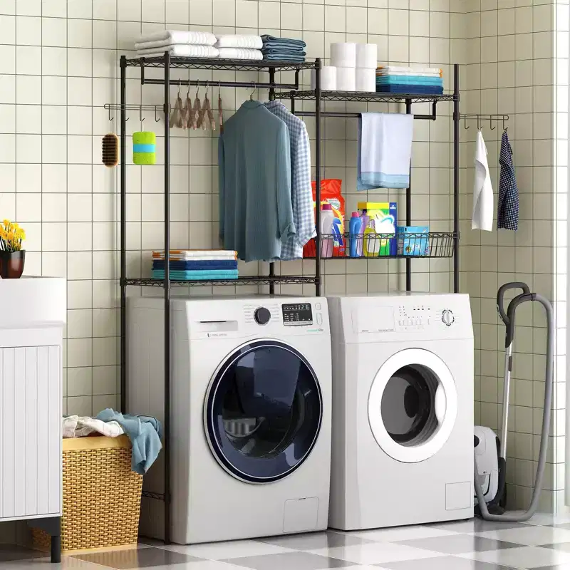 Over The Washer and Dryer Storage Shelves, Clothes Drying Rack with Wire Basket Side Hook, 4-Tier Laundry Room Storage Rack