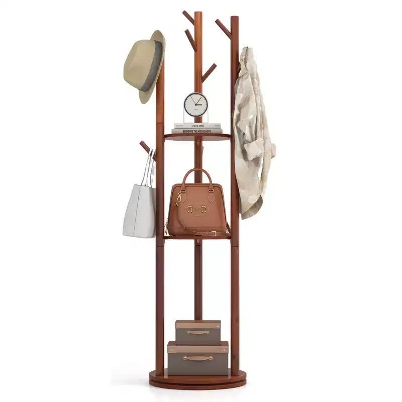 Freestanding Wooden Coat Tree 360 Rotary Coat Rack with 3 Display Storage Shelves