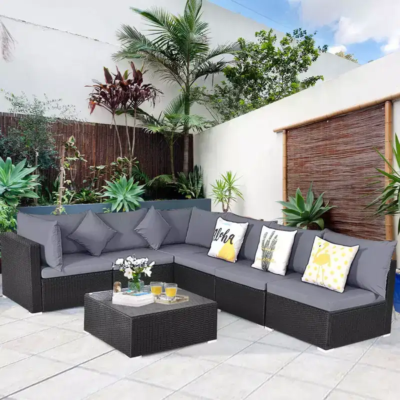 Costway 7PCS Patio Rattan Sofa Set Sectional Conversation Furniture Set Garden Beige/Navy/Gray