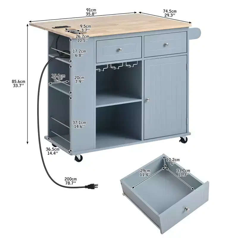Rolling Kitchen Island Cart with Drop Leaf & Power Outlet,Kitchen Island Cart with Open Storage & Drawer & Wine Rack