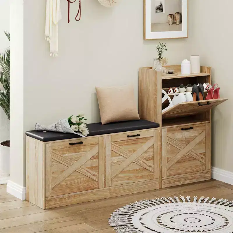 Entryway Bench and Shoe Cabinet with 4 Flip Drawers for Organized Storage for Foyer, Hallway, Living Room