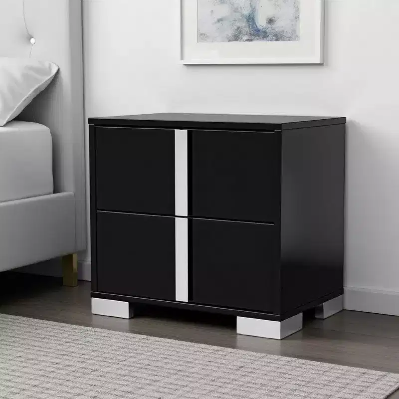 Nightstand with 2 Drawers, Piano Black UV Finish, 24 Inch