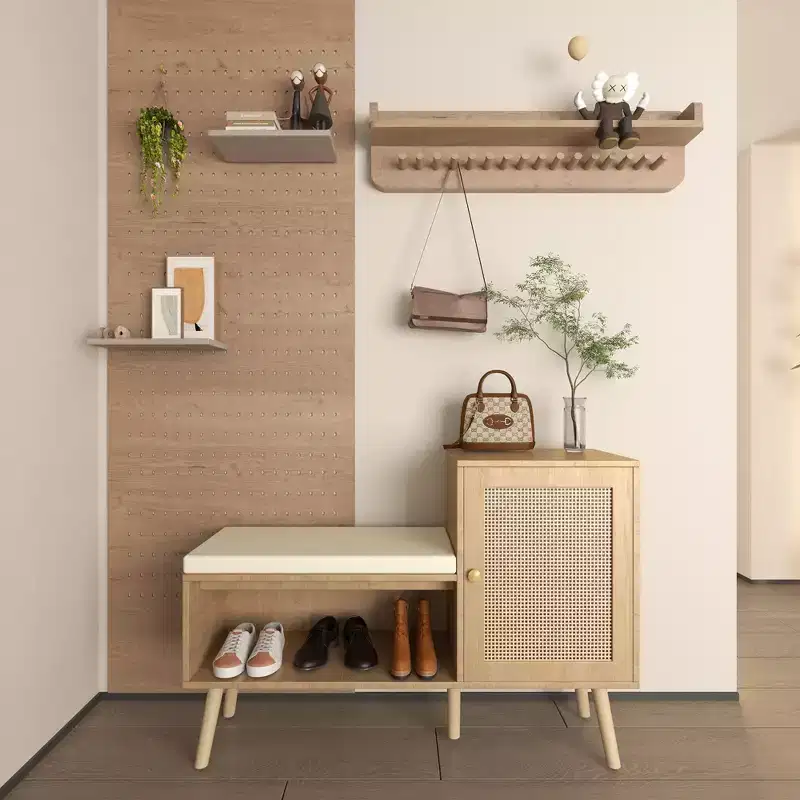 Boho PP Rattan Entryway Shoe Bench with Storage Shelf, Door & Removable Cushion