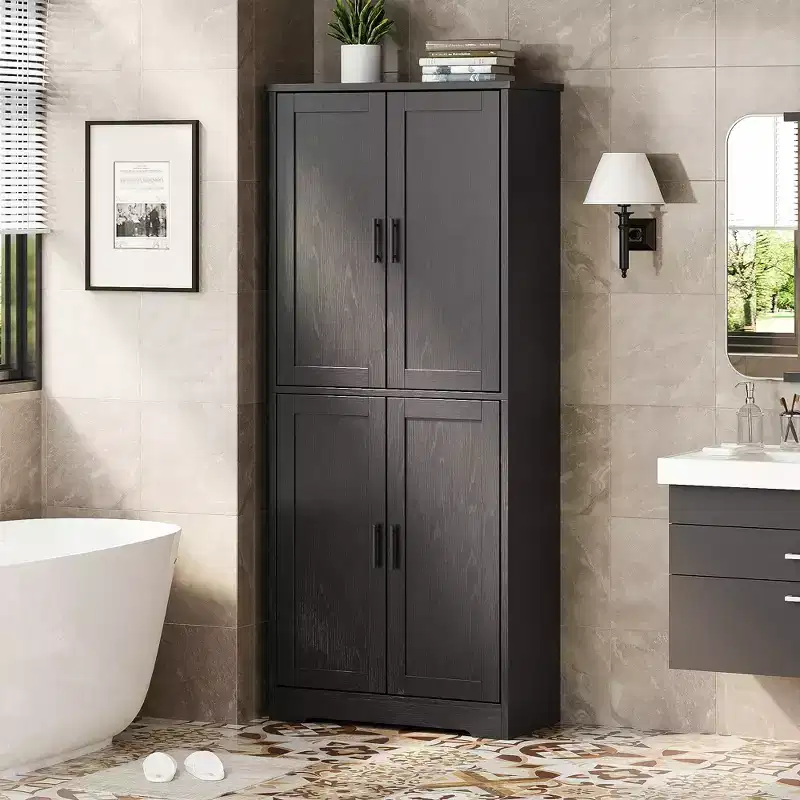 70in Tall Kitchen Pantry Cabinet, Freestanding Storage Cabinet with 4 Doors and Adjustable Shelves, Large Utility Wooden Coffee Bar Cabinet