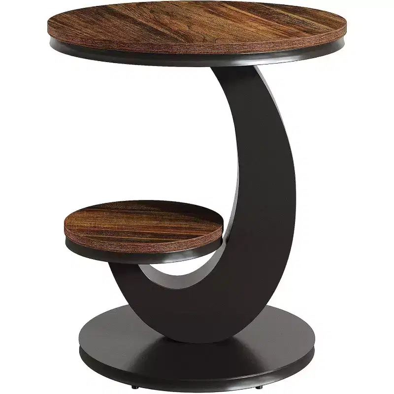 Round End Table, 2-Tier Side Table, Wood Bedside Nightstand with Metal Arc-Shaped Frame for Small Spaces, Living Room, Bedroom