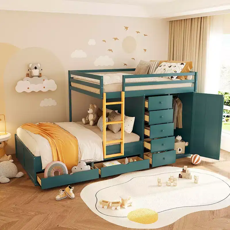 Full over Full Bunk Bed with Storage Wardrobe and Drawers, Full Size Wood Space-Saving Bunk Bed with Guardrail for Apartment, Bedroom