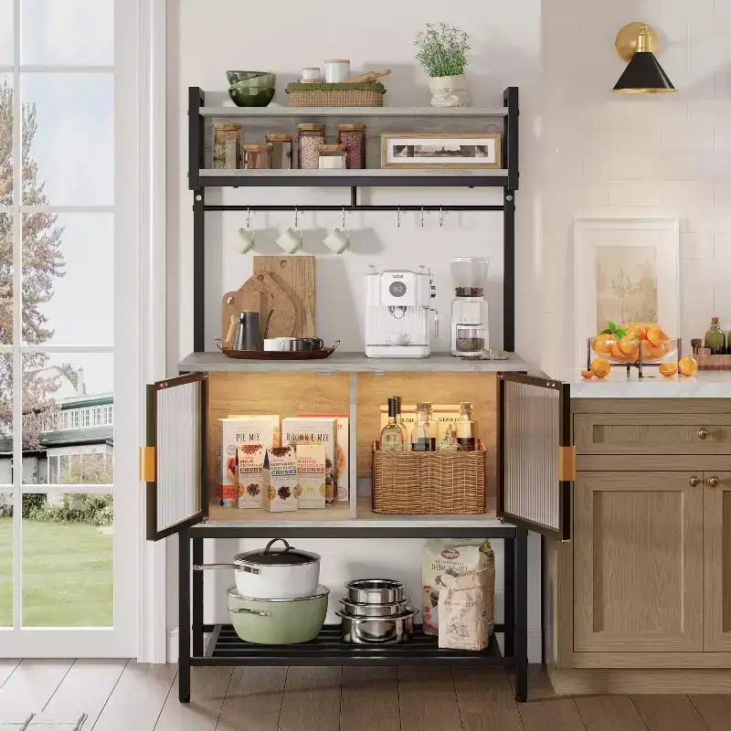 Bestier 5-Tier Microwave Stand with Storage Cabinets & LED, Kitchen Bakers Rack with Hutch & Hooks, 59 Coffee Bar Station with Open Storage Shelves