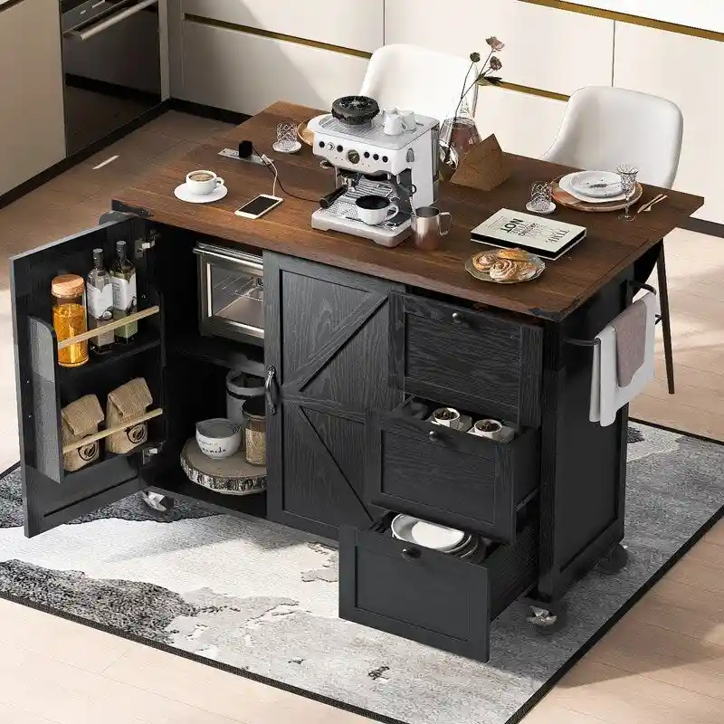 Farmhouse Kitchen Island with Power Outlet, Drop Leaf, Rolling Kitchen Cart