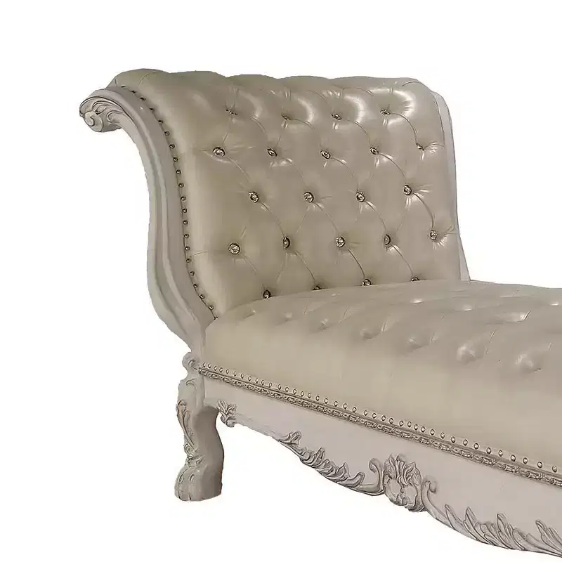 82" Chaise Lounge Leather Aire and Bone White Finish -: Elegant Nailhead Trim, Wood Frame, Dry Dust Care