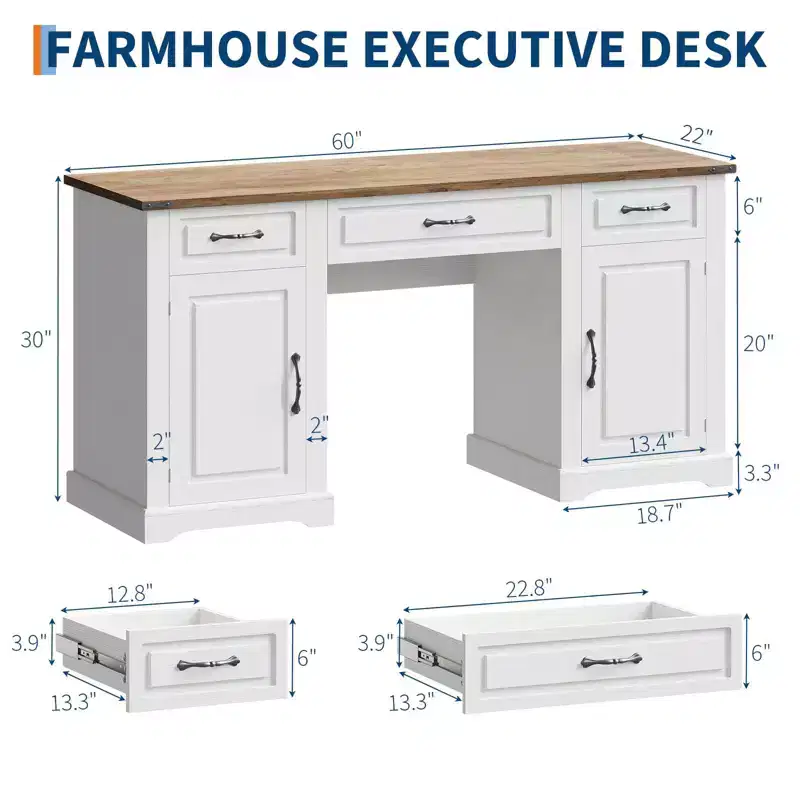 60 Executive Desk with Drawers, Farmhouse Home Office Desk with Storage Cabinets, Rustic Computer Writing Desks