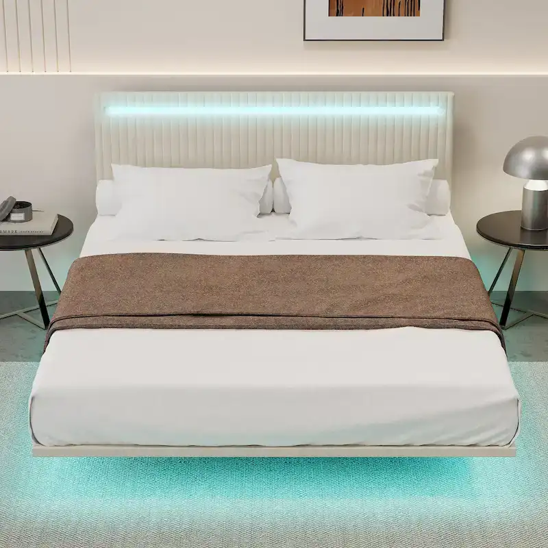 Full/Queen Size Floating Platform Bed Frame, Velvet Upholstery, Channel Tufted Headboard, No Box Spring Needed