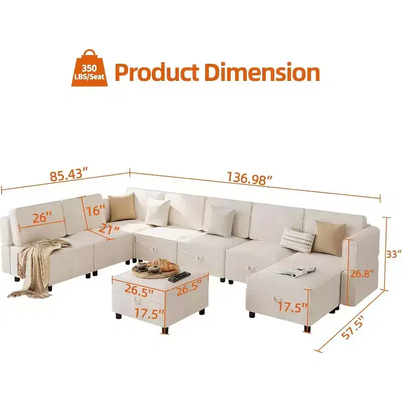 Acekool 9-Seat Modular L-Shaped Sectional Sofa, with Storage Ottoman, Convertible Sleeper, for Living Room, Bedroom, Beige
