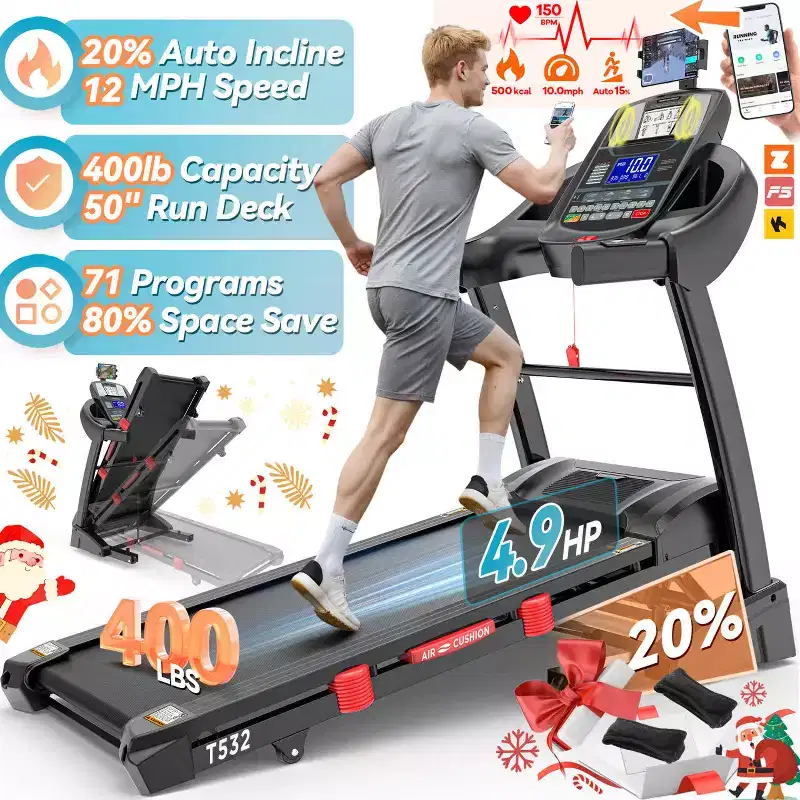 Treadmill with 20% Auto Incline for Home, 300-400 LB Capacity, Folding Running Walking Treadmill, 12 MPH Max Speed, 71 Programs, Bluetooth