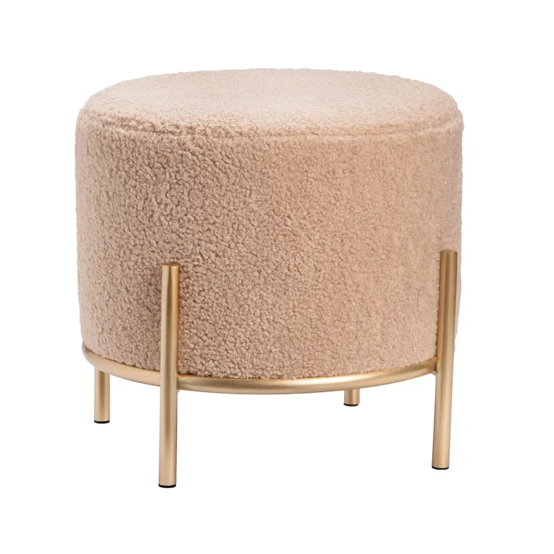 Sherpa Upholstered Round Accent Stool with Gold Finished Metal Legs - 14 x 13 inch