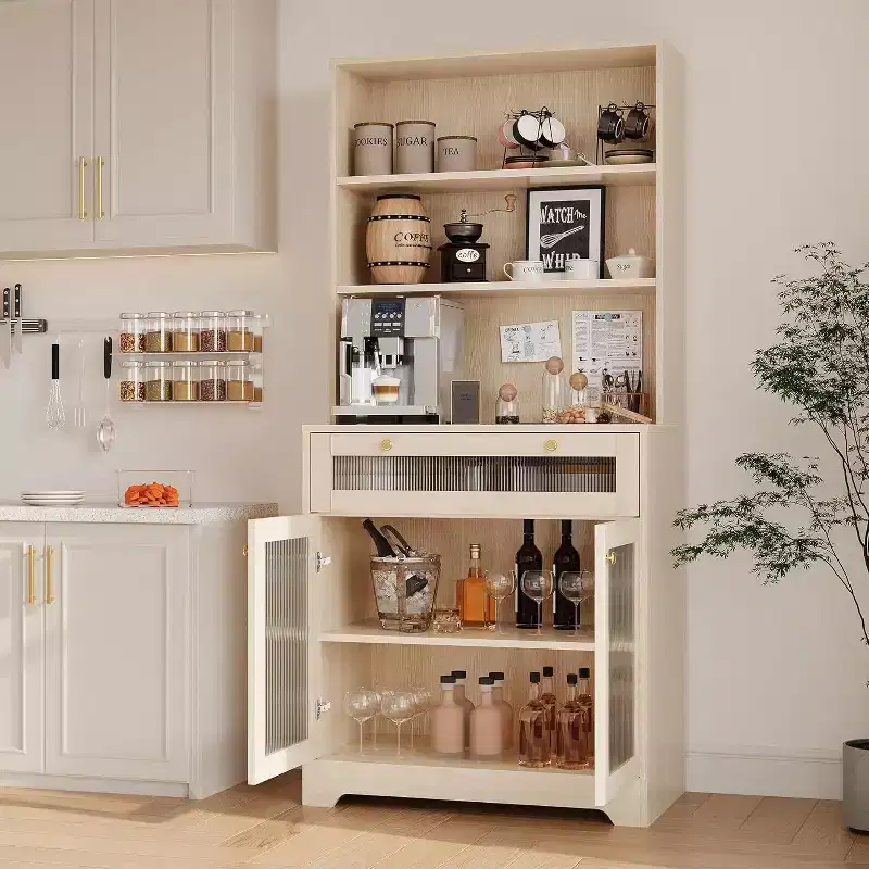 62 Pantry Cabinet, 6-Tier Freestanding Tall Cupboard Storage Unit with 1 Drawer, 2 Cabinets, 3 Open Shelves, Glass Doors, for Home Office