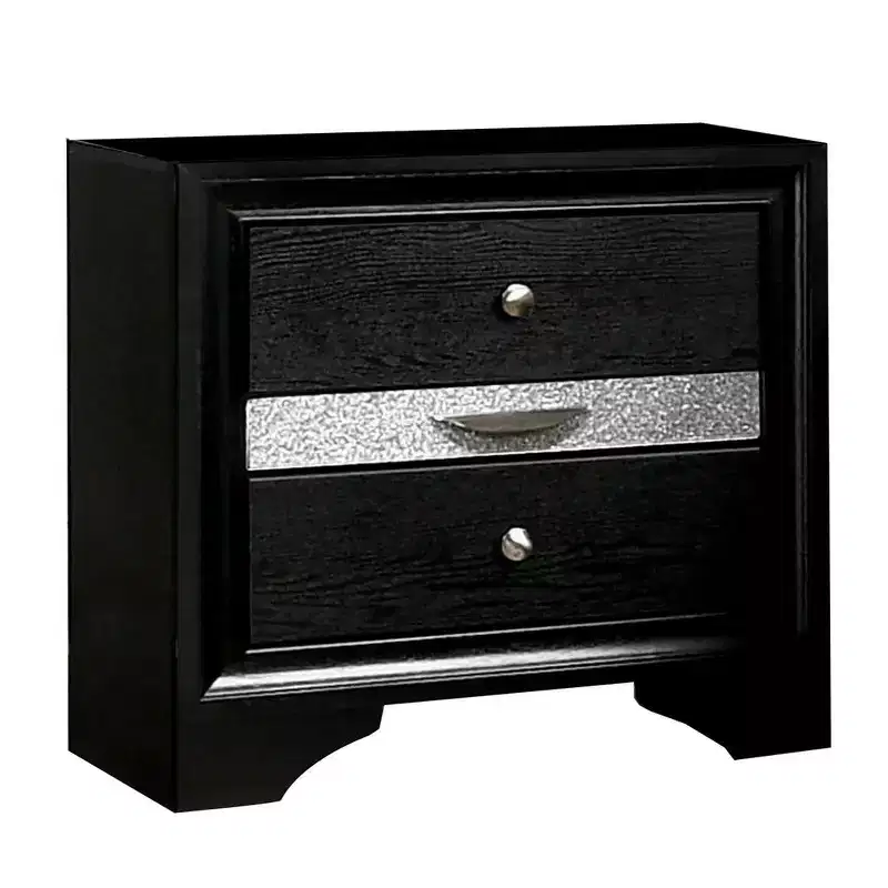 Nightstand with Silver Trim Accent and 1 Jewelry Drawer — Black