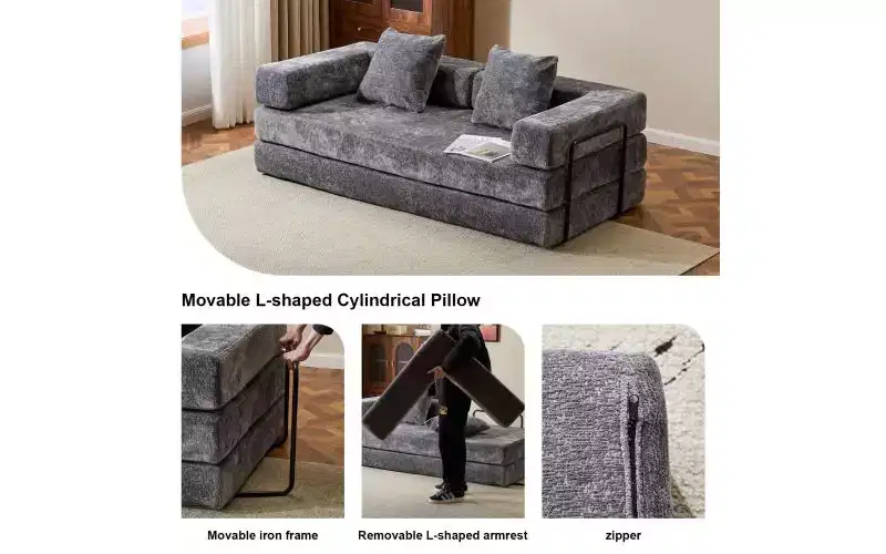 MooxvMoo Floor Sofa Bed Convertible, Corduroy Futon Couch with Pillow, Sleeper for Living Room Bedroom, Grey