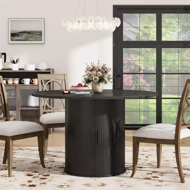 47 Round Dining Table for 4, Modern Circle Kitchen Dinner Table w/ 2-Tier Storage Shelf & Wood Sliding Door, Space-Saving Furniture for Home