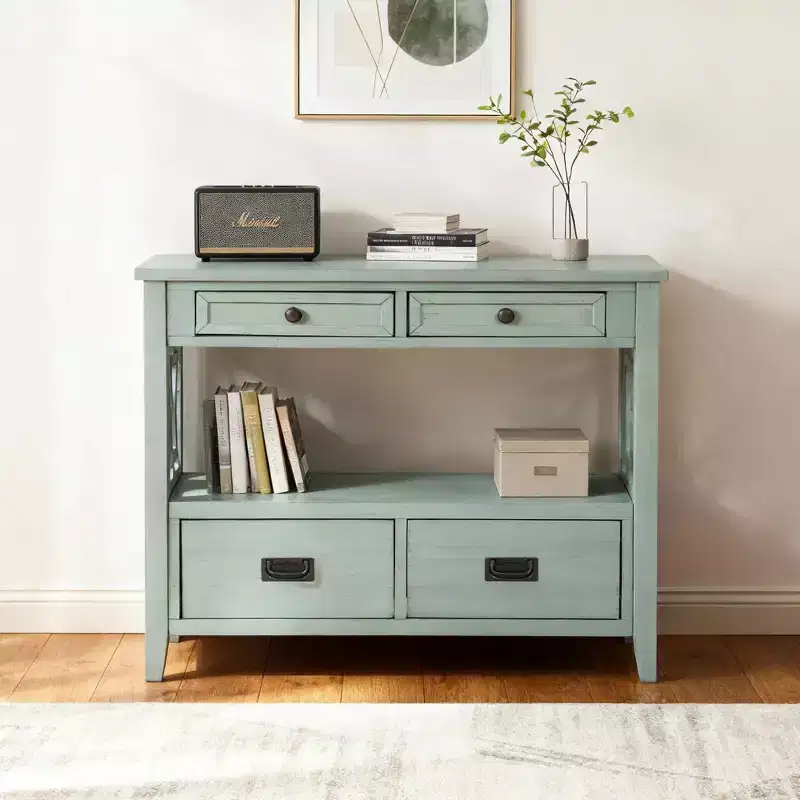 Hostack 36'' Farmhouse Wood Console Table with 4 Drawers and 1 Storage Shelf for Entryway and Living Room , Retro Blue