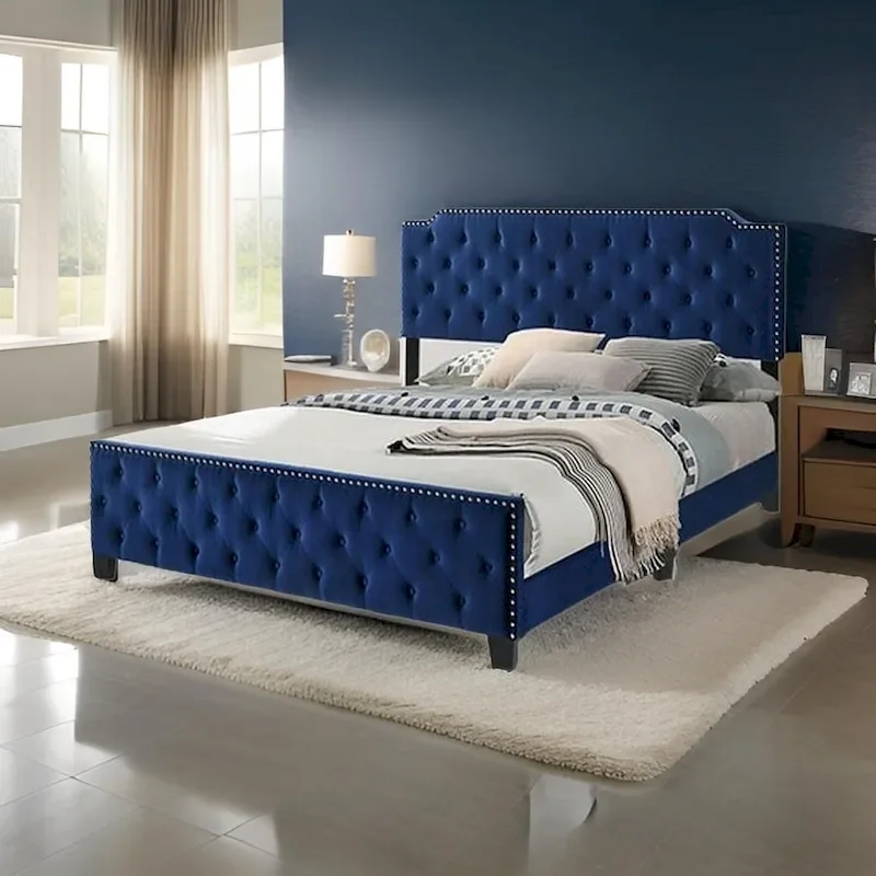 California King Bed, Button Tufted, Nailhead Trim, Navy Upholstery
