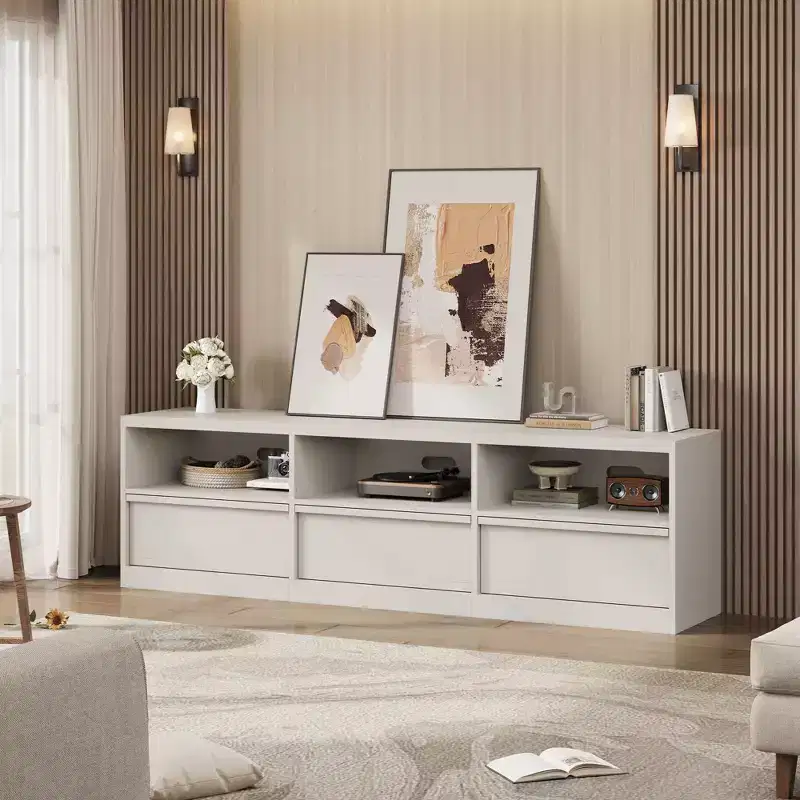 70 Inch TV Stand for 80 TVs, Mid Century Modern Storage Drawer with Open Shelves, Wood Media Console Cabinet for Living Room/Bedroom, Vintage