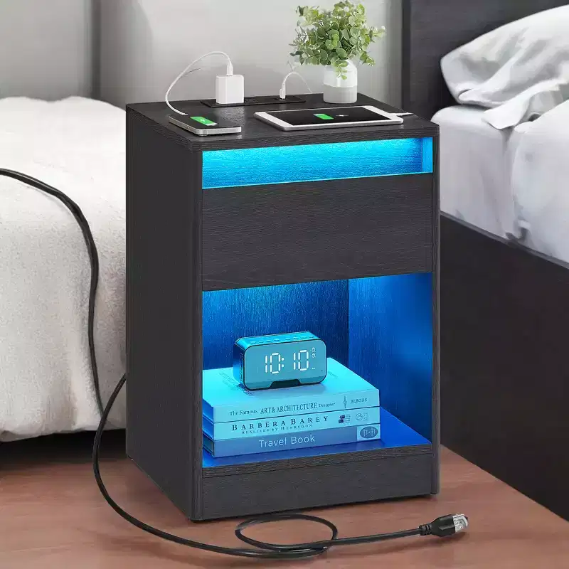 Nightstand with Charging Station, Bedside Table with Drawer, Modern Side End Adjustable LED Lights