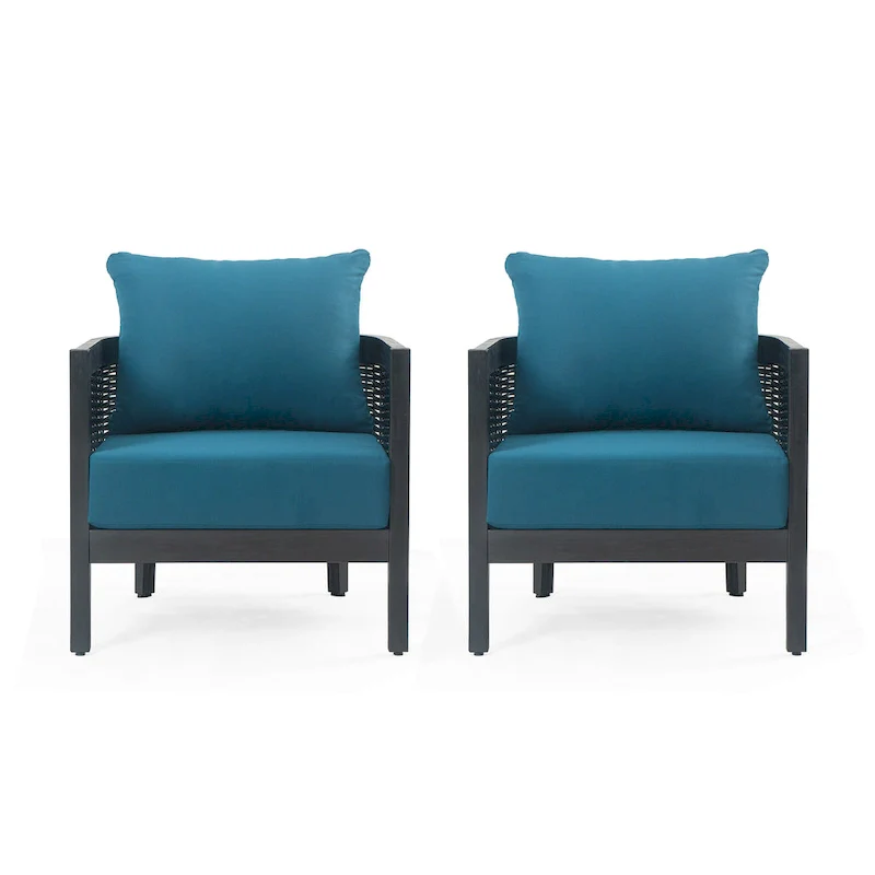 Set of 2, Outdoor Acacia Wood Wicker Club Chair with Cushions, Patio Furniture Conversation Seat for Backyard
