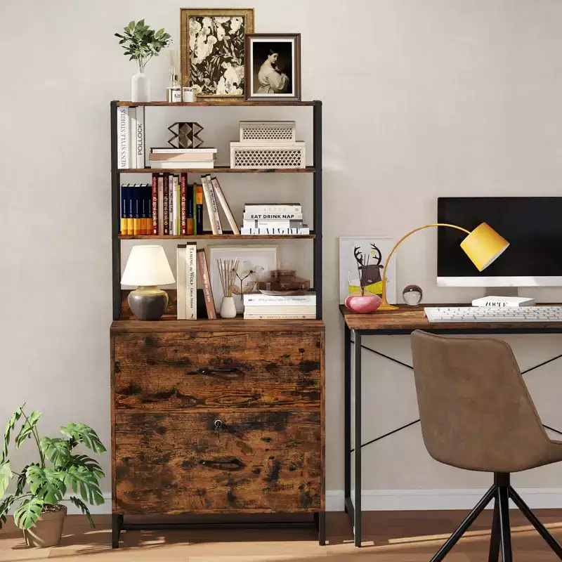 Costway 2 Drawer Vertical File Cabinet w/Lock & Bookshelf, Letter Size Filing Cabinet
