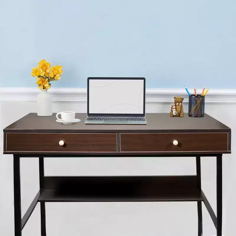 Simple Wooden Writing Computer Study Desk with Drawers for Home Office, Brown, 47