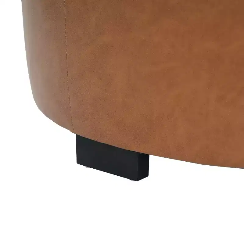 Round Button Tufted Ottoman, PU/Linen Upholstered Footstool with Birch Wood Legs
