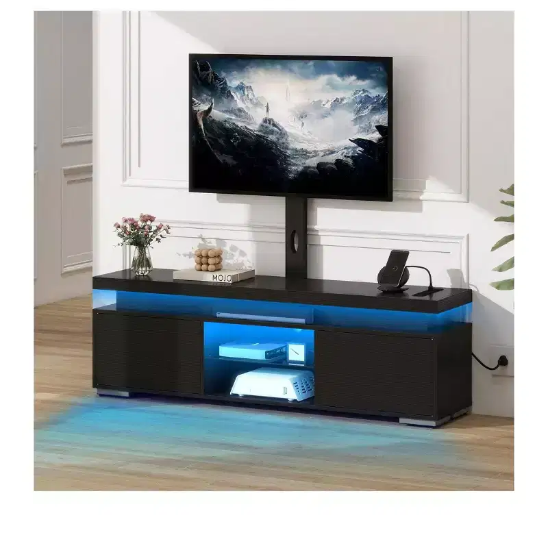 Modern TV Stand with Height Adjustable Mount for 65 Inch TV, LED Entertainment Center with Storage, Media Console Cabinet for Living Room , Black