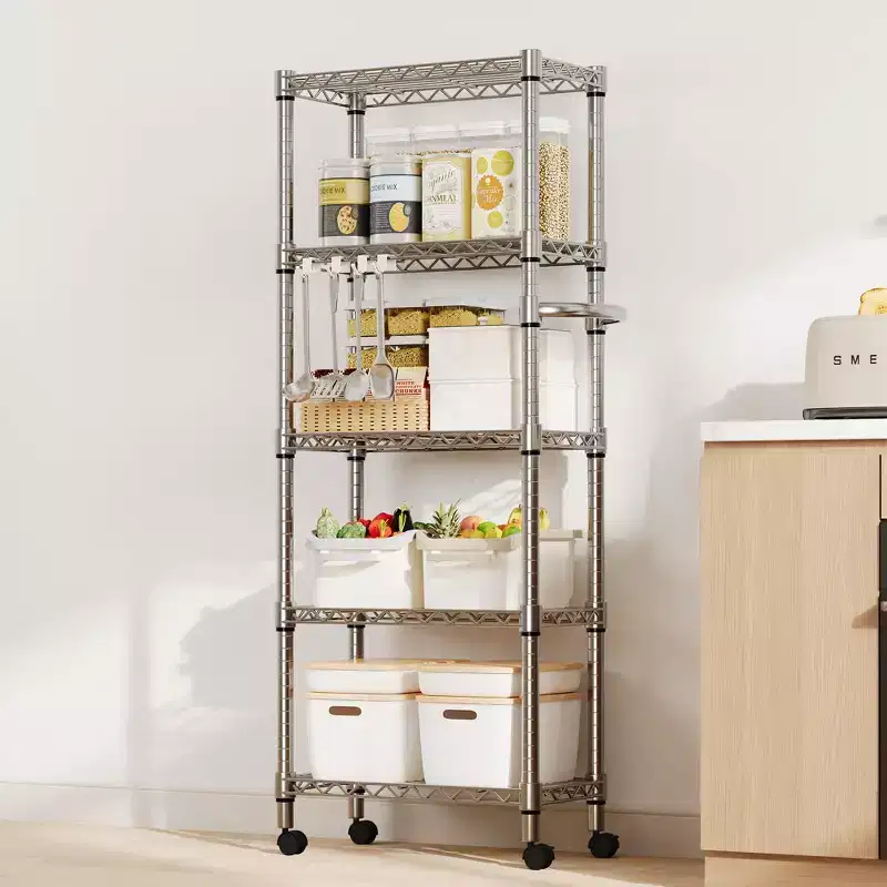 5-Tier Metal Storage Shelves with Wheels & Handle – Adjustable Wire Rack, 1100 lbs Capacity, Silver