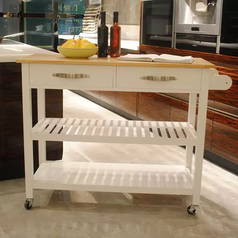 Kitchen Cart with Rubber Wood Top, Mobile Kitchen Cart with Lockable Wheels, 2 Drawers and 2 Shelves, Rolling Kitchen Island, White