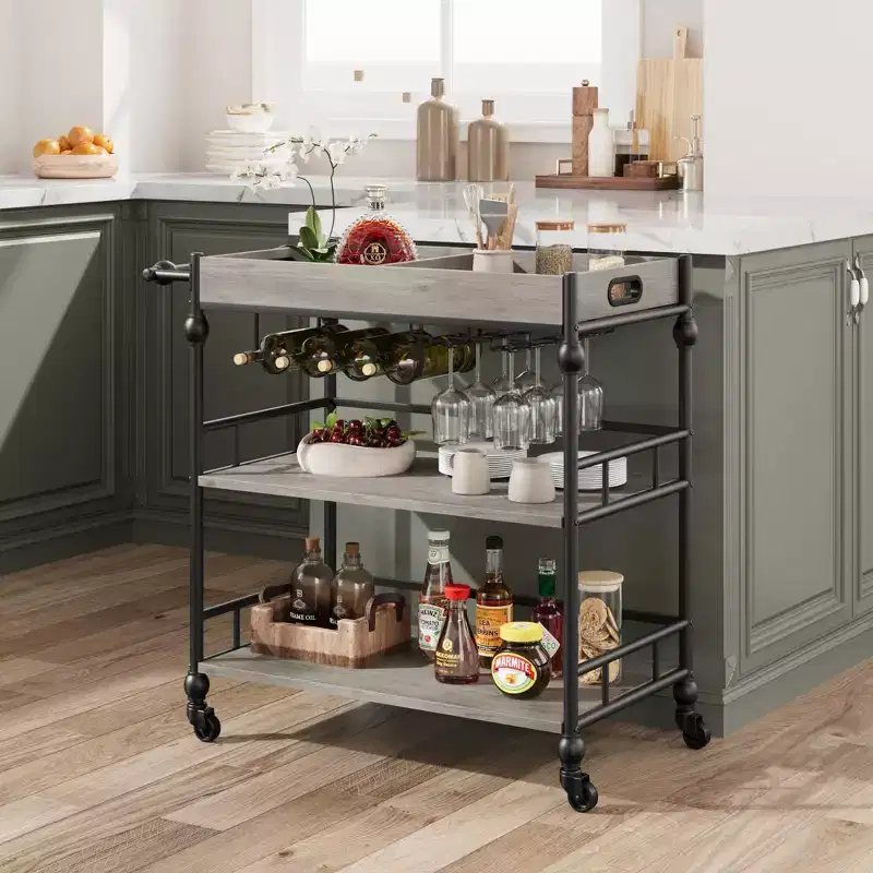 TROPOW Bar Cart, Bar Carts for The Home, 3 Tier Bar Cart with Wheels, Portable Home Bar & Serving Carts, Rolling Cart