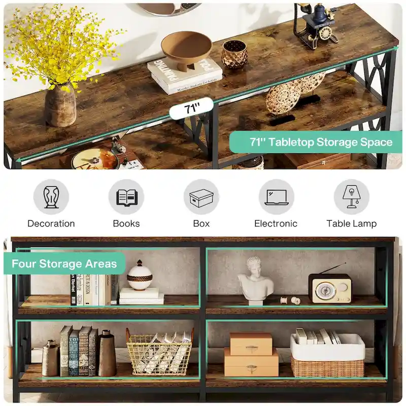 3-Tier Console Table , 70.9-in Industrial Sofa Table, Long Foyer Table Entryway Table