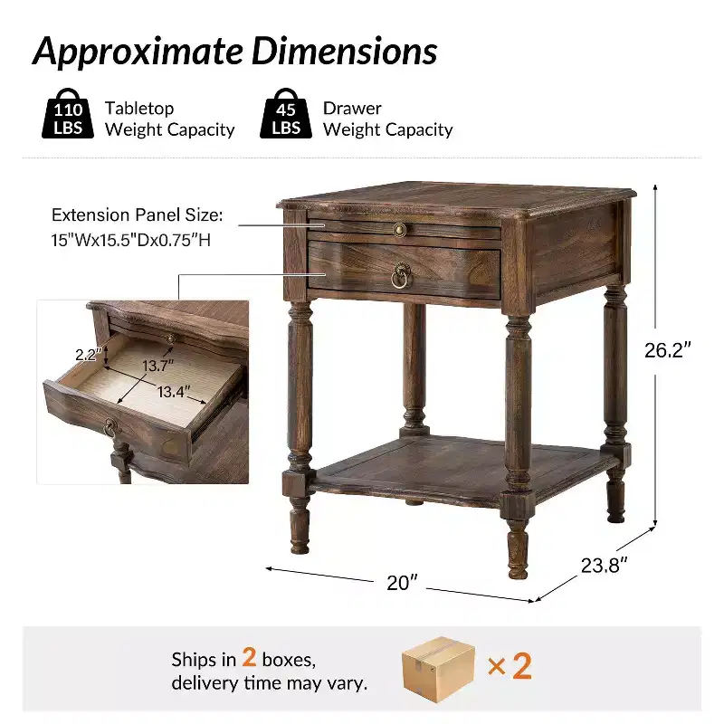 Alex 26 Tall 1 Drawer End Table Set of 2 with Built-in Charging Station|HULALA HOME